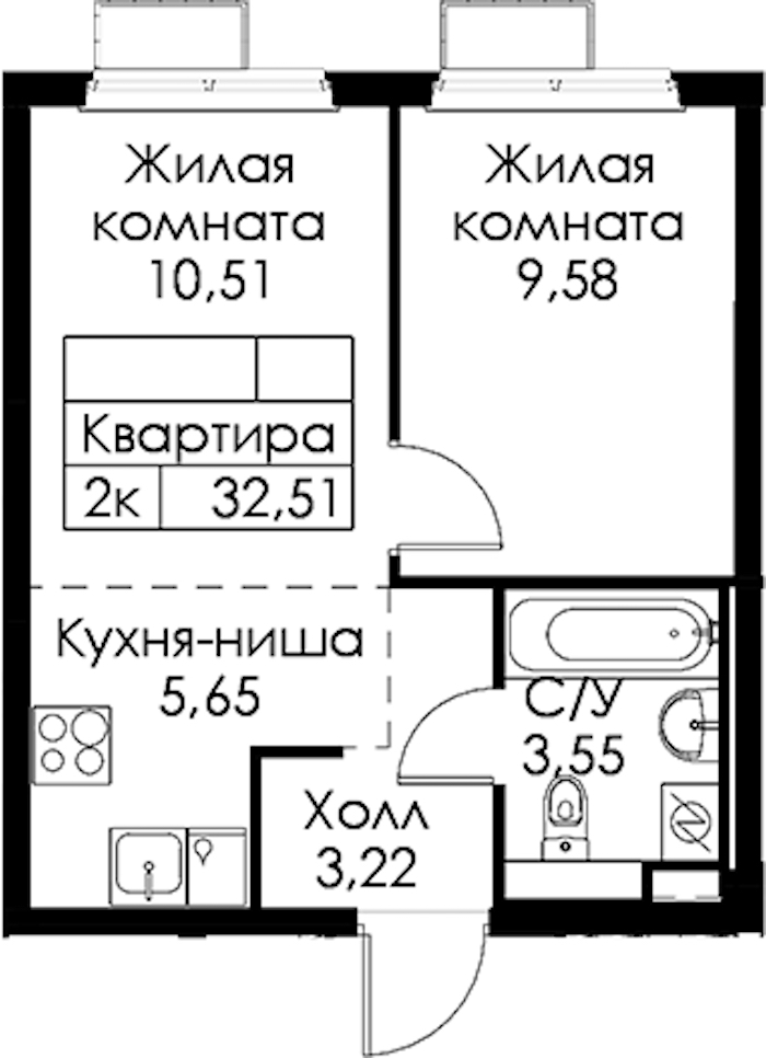 1-комнатная квартира 32.51 м², 15/15 эт., ЖК «Янинский лес»